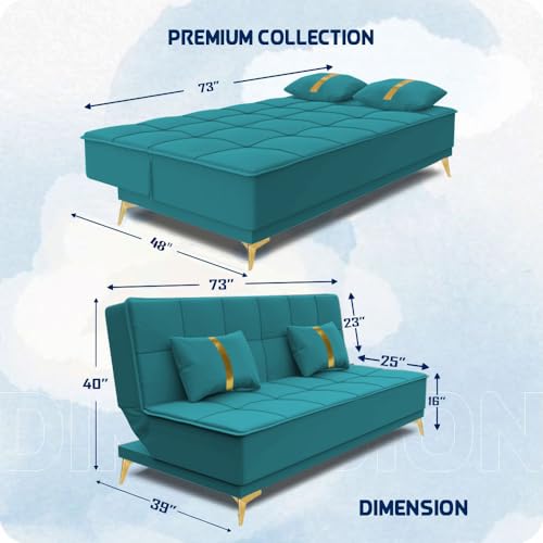 Image of Adorn India Premium New Alyssum 3 Seater Sofa Cum Bed 4X6 Velvet Suede with 2 Cushions (Color Aqua Blue) and Suitable for All Indoor, with 3 Years Warranty