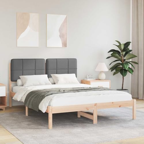 Kaloriko Estructura de cama con cabecero tapizado, gris oscuro, 135 x 190 cm, madera maciza de pino, somier de láminas de plataforma, muebles modernos para dormitorio