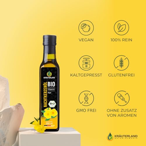 Kräuterland Bio Nachtkerzenöl 250ml, Bio Nachtkerzensamen, Kaltgepresst, naturrein ohne Zusatzstoffe, Vegan & GVO-frei, geeignet für Haut & Haare, Premium Qualität