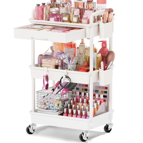Image of Goovilla Rolling Makeup Organizer Cart with Removable Drawer, 3 Tier Stable White Floor Skincare Storage Cart for Vanity, Cosmetic Display, Nail Polish, Perfume, Hair Stuff, Beauty, Bathroom(Plastic)
