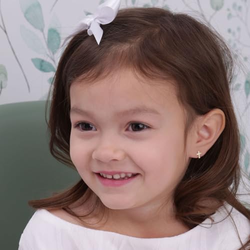 Cherished Moments Children's Sterling Silver or Gold-Plated Cross Earrings with CZs and Safety Screw Backs for Baptism, Christening and First Communion Gifts for Girls2
