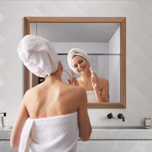 Amorho Bathroom Mirror, 40x36 Inch Wall Mirror, Walnut Wood Grain Metal Framed, Anti-Rust, Hang Horizontally/Vertically, Suitable for Bedroom, Farmhouse, Bathroom, Decorative