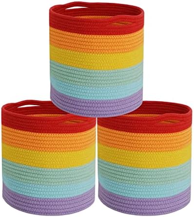 AUTONOMIER 3-Pack Rainbow Cotton Rope Storage Baskets for Organizing, 11x11x11'' Cube Storage Bins for Closet, Toy Storage Baskets, Decorative Woven Storage Baskets for Shelves, Round