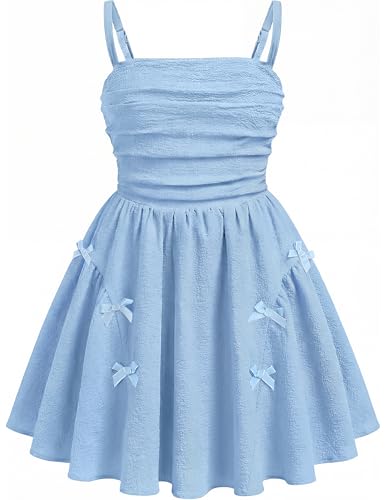 Blue Dress for Girls Summer Dresses for Wedding Guest Birthday Party Beach Sundress Floral Flower Cute Princess Dress A-Line Cami Dress with Bows Back-to-School Clothes for Kids 7-8 Years