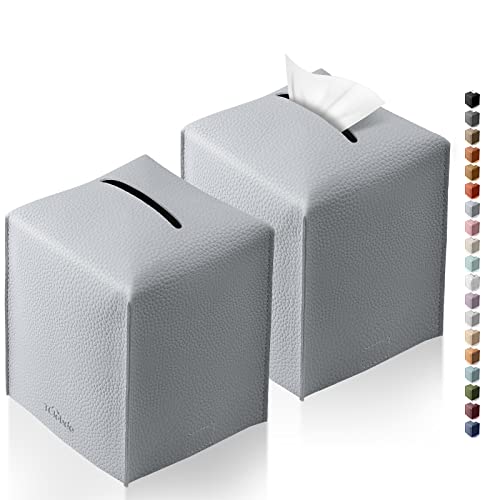 Tissue Box Cover, Tclouda, Modern Pu Leather Square Tissue Box Holder For Creative Decorative, 2 Pack, Ideal For Bathrooms/Office/Car/Nightstand/Outdoor Tent/Dining Table, 5"X5"X5", Double Gray #TOP1