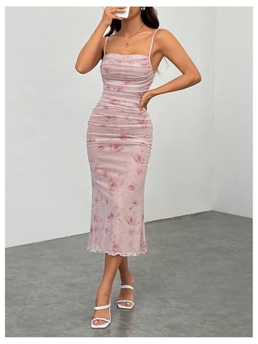 WDIRARA Women's Floral Print Ruched Sleeveless Cami Dress Fishtail Bodycon Midi Dress3