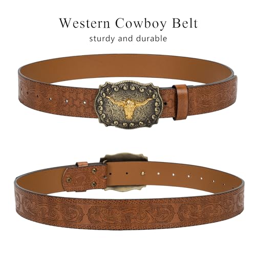 Western Cowboy Buckle Belts for Men Women - PU Leather Long Horn Floral Engraved Cowgirl Belt for Jeans3