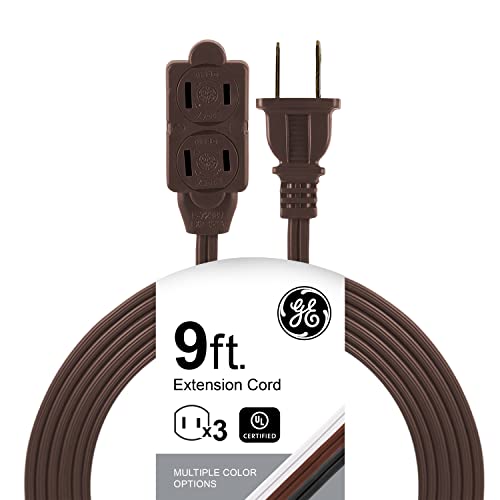 GE 3-Outlet Extension Cord with Multiple Outlets 9 Ft Power Strip 2 Prong 16 Gauge Twist-to-Close Safety Covers Indoor Extender UL Listed Brown 51942
