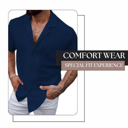 Image of COMBRAIDED Men's Regular Fit Cotton Blend Shirts | Half Sleeve Solid Pattern | Casual Wear for Everyday Style