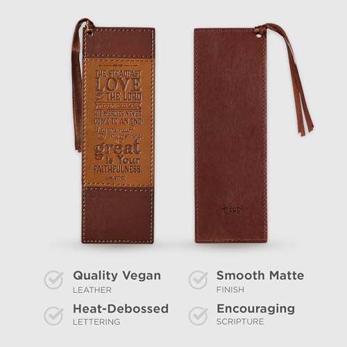 Christian Art Gifts Premium Vegan Leather Bookmark for Men: Steadfast Love - Lamentations 3:22-23 Inspirational Bible Verse, Heat-Debossed, Faith-Based Reading Accessory, Two-Tone Brown with Tassel