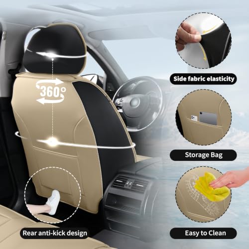 Image of Fit Sonata Car Seat Covers for Hyundai Sonata 2008-2025 2026 - Premium Breathable Leather,Airbag Compatible,Waterproof All-Weather Seat Cushion Protector, Full Set Beige&Black