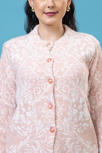 Image of Wear lusso Women Woolen Round Neck Self Design Cardigan | Heavy Hair Fabric Winter Wear | Pure Wool Long Cotty Fully Warm Cardigan Sweater
