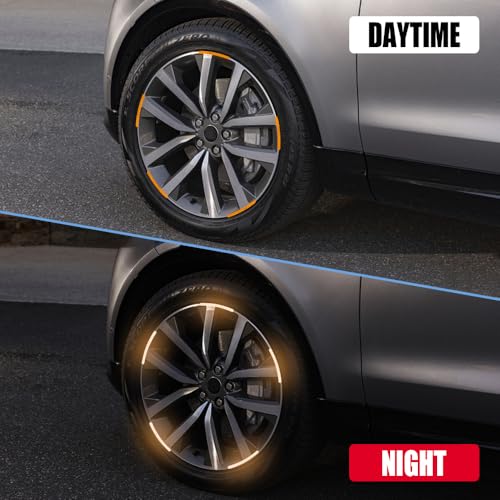 Image of 20PCS Reflective Car Wheel Decorative Stripe Stickers, Car Wheel Decals, Night Safety Warning Car Stickers, Anti-Scratch Reflective Rim Stickers Universal for Cars Motorcycles (Orange)