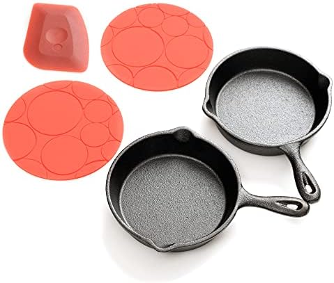 KUHA Mini Cast Iron Skillets 4” - 2-Pack of Pre-Seasoned Miniature Skillets - with 2 Small Silicone Trivets and Cast Iron Scraper
