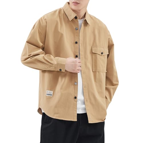 [Fasshonrida] シャツ メンズ 長袖 ワークシャツ 人気 秋服 レギュラーカラー カジュアルしゃつ 襟付き トップス おしゃれ 大人 ロングスリーブ ブラウス 洗い加工 中薄 コットン100 上着 アメカジ 仕事着 作業着 レトロ ストリート 羽織り 普段使い かっこいい服 春 秋 beige M