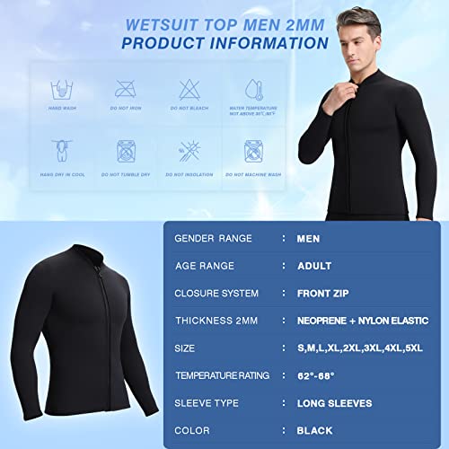 Realon Wetsuit Top Men 2Mm Neoprene Jacket, Long Sleeves Swimsuit Front Zipper Male Wet Suit Shirt For Surfing Scuba Diving Swimming Snorkeling Kayaking (2Mm Black Men, X-Large) #TOP5