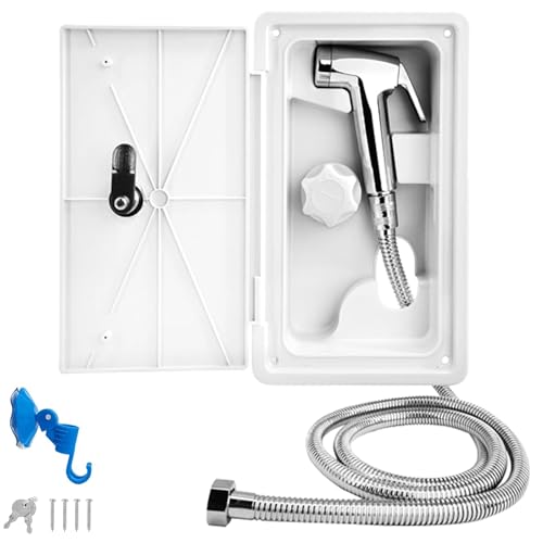 Douches pour Camping-car, Bouton Simple Extensible Douchette Camping Car, TOOSOAR Blanc Douchette Camping avec Tuyau Métallique de 1,5 M, Douche Extérieure de Caravane