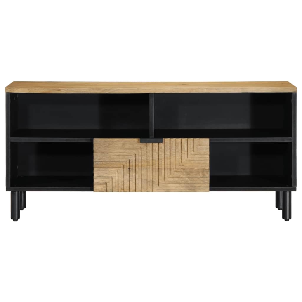 TV-Schrank Mangoholz Massiv 100x33x46 cm Braun | Rustikales Lowboard für Wohnzimmer und Schlafzimmer mit CNC-Front und 10 cm Metallbeinen für einfache Bodenreinigung.