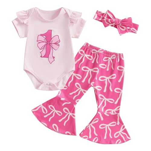 3Pcs Baby Girl 1st Birthday Outfit Bow Ruffle Short Sleeve Romper T-Shirt Bell Bottom Pants Summer Clothes Set