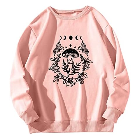 KBOPLEMQ Women's Sweatshirt Long Sleeve Mushroom Print Shirt Long Sleeve Loose Thin Pullover Elegant Winter Fashion Casual Loose Tops Tunic Tee Shirt Streetwear Sweatshirts, pink, XXL Cover
