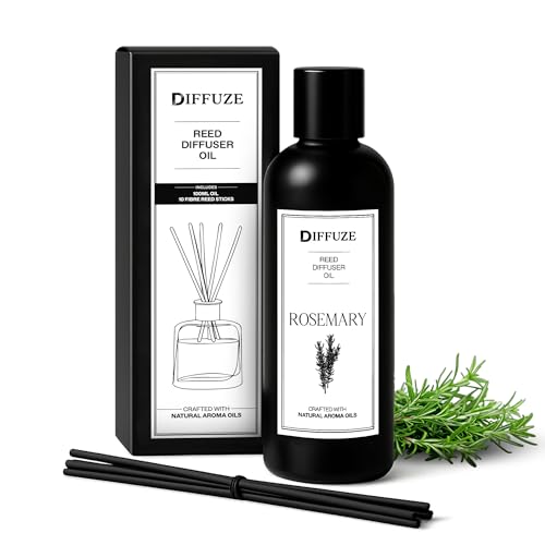 Image of DIFFUZE Rosemary Essential Oil Reed Diffuser Refill 100ml with 10 Fibre Reed Sticks | Aroma Oil for Home Office Bathroom | Diffuser Oil for Home Fragrance