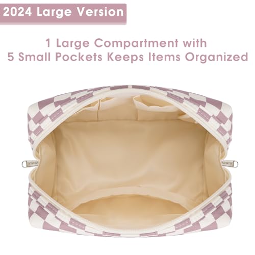 Large Makeup Bag Zipper Pouch Travel Cosmetic Organizer for Women (Pink Checkerboard, Large), Z-pink Checkerboard - Image 3