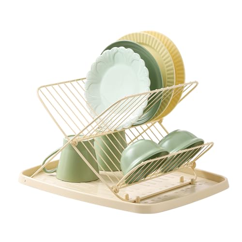 FAB4HOME Faltbares Abtropfgestell mit 2 Ebenen, Abtropfgestell mit Abtropfschale, zusammenklappbares Abtropfgestell, Metallteller-Organizer für Küche