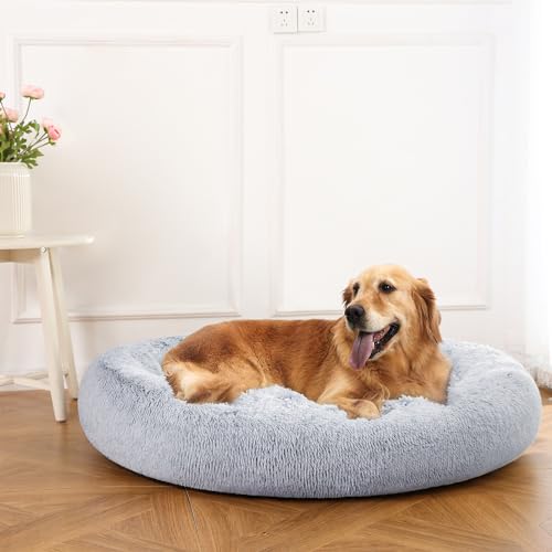 Image of Amazon Basics Washable Donut Pet Bolster Faux Fur Bed with Removable Cover, Anti-Slip Bottom for Dog, Grey, 45 inch x 45 inch