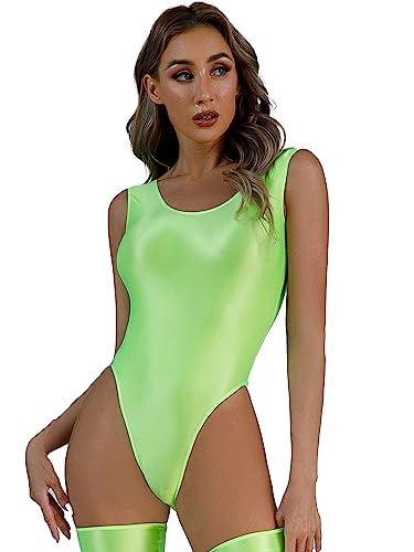 dPois Femme Maillot de Bain 1 Pièce Brillant Sexy Justaucorps Danse Femme Body en Cuir Verni Wetlook Bodysuit Combinaison Gymnastique Leotard M-XL Vert Fluo M