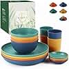 Wrova Plastic Plates and Bowls Sets of 16 - Unbreakable Dinnerware Sets for Kitchen - Plastic Dinnerware Set Service for 4 - Microwave Safe and Dishwasher Safe Bowls - Multi