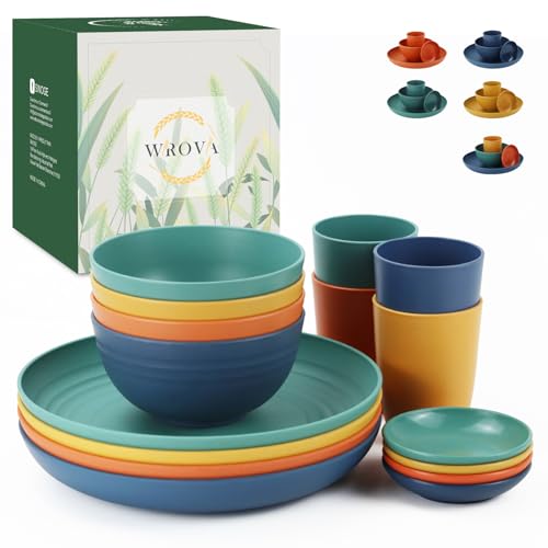 Wrova Plastic Plates and Bowls Sets16 PCS - Unbreakable Dinner Sets for Kids - Camping Dinner Set Service for 4 - Microwave Safe and Dishwasher Safe Bowls - Multi