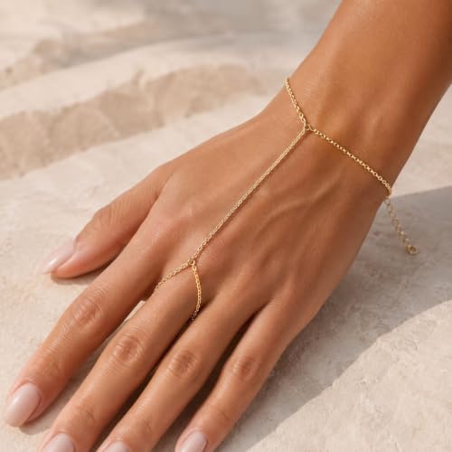 Image of Long tiantian Hand Chain Bracelet Gold Link Finger Ring Slave Bracelet
