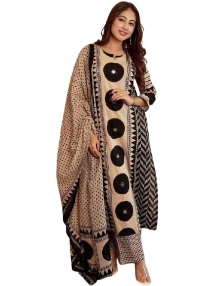 Women's Beige & Black Printed Kurta Pant with Dupatta Set | Round Neck | 3-Piece Ethnic Wear-picture-39