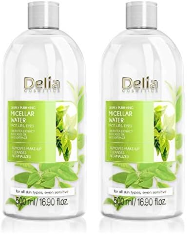 Delia Cosmetics Detergente per il viso con acqua micellare con estratto di tè verde e olio di avocado, pulizia profonda, rinfrescante, riduzione della produzione di sebo, 500 ml (Confezione da 2)