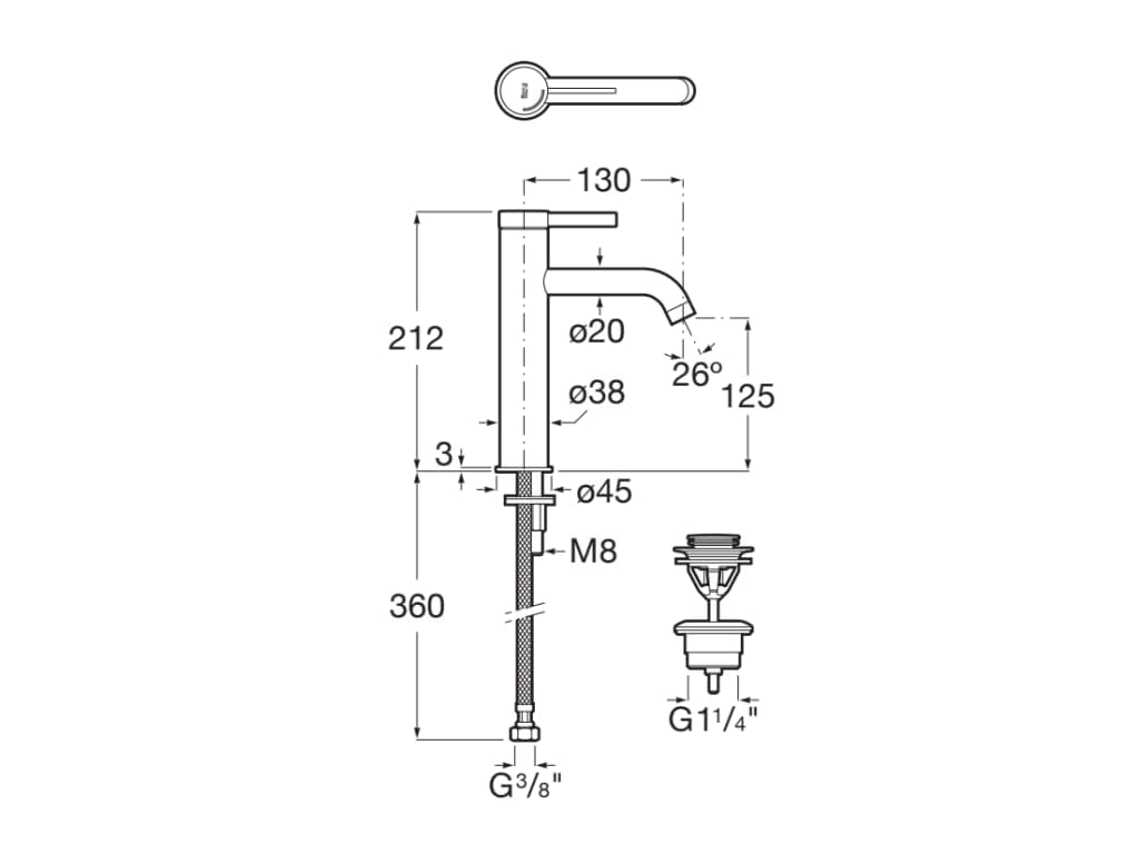 Roca A5A3C9EC00 Mezclador Lavabo, Caño Alto Mezzo, ONA, Desagüe Click-Clack, Cuerpo Liso, Cold Start, Acabado Cromado