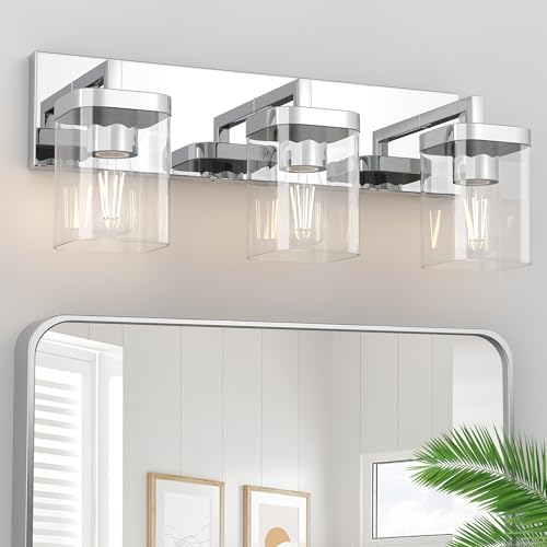 Image of Chrome Bathroom Vanity Light, Square Design 3 Lights Morden Vanity Lighting Fixtures Over Mirror, Bathroom Light Fixtures for Living Room /Bedroom