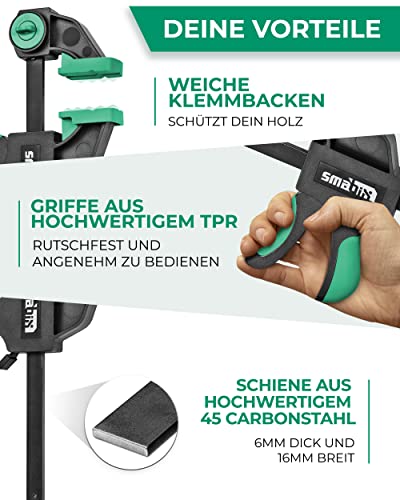 SMABIX® Einhandzwingen 2er Set zum Spannen, Dehnen, Fixieren mit einer Hand, 71Kg Spannkraft, Spannweite 300 mm, Dehnbereich 155mm - 500mm, Einhandzwinge, Zwingen, Schraubzwingen, Schnellspannzwinge