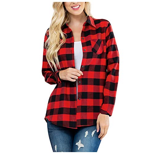 OutTop Women Fleece Lined Shirts Plaid Long Sleeve Fall Winter Warm Sherpa Thermal Button Down Blouse Jackets Tops (Red, M)