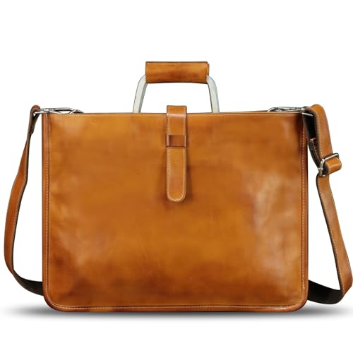 Genuine Leather Slim Briefcase for Men and Women Vintage Crossbody Shoulder Messenger Bag for Business Laptop (Brown)