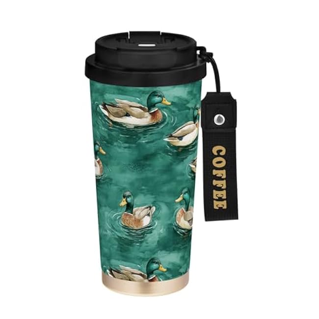 17 oz Insulated Coffee Mug Realistic Mallard Ducks Green with Straw and Leak Proof Lid Double Wall Water Bottle Stainless Steel Vacuum Thermal Travel Drinking Cup for Hot/Cold Drin