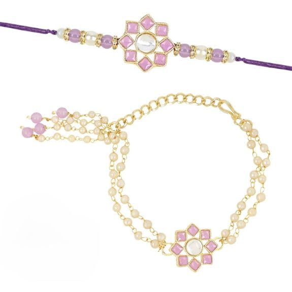 I Jewels Designer Kundan & Pearl Hanging Bhaiya Bhabhi Lumba Rakhi Combo Set For Rakshabandhan (R108-CO)