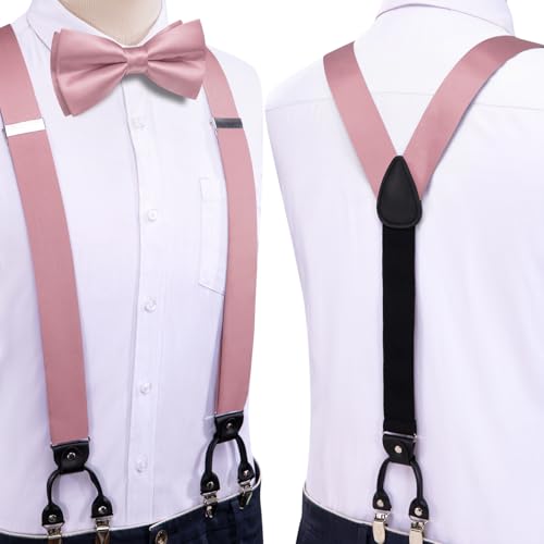 Image of Hi-Tie Men Suspender Bowtie Set Suspenders Pre-tied Bow Tie Pocket Square Cufflinks Adjustable Y Shape 6 Clips Braces Tuxedo