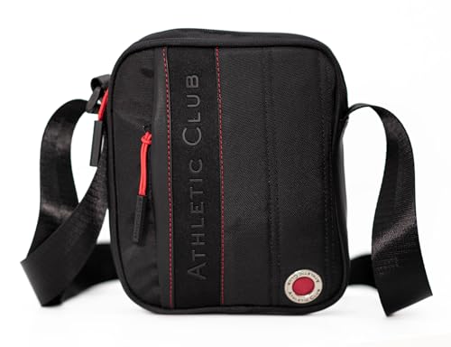 ATHLETIC CLUB BILBAO BOLSO BANDOLERA Negro con detalles rojos. Numerosos bolsillos. Bandolera regulable. Resistente a la humedad. Medidas 21 x 17 x5 cm. Producto Oficial