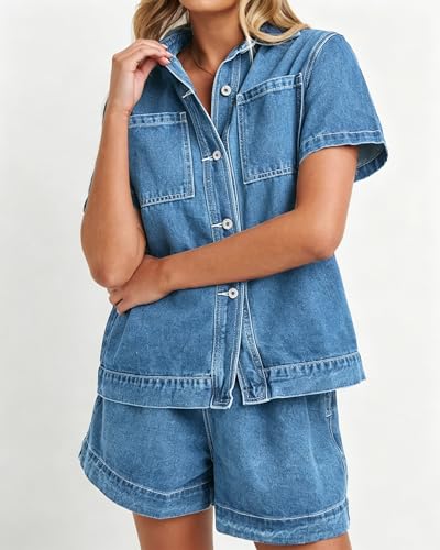 Image of Kedera Summer Denim Set for Women 2 piece Casual Short Sleeve Boxy Shirt Tops and Shorts Pants Lounge Sets Outfits
