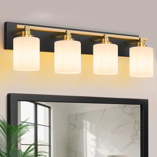 Image of Modern Bathroom Lighting Fixtures Over Mirror, Vanity Lights for Bathroom, Wall Sconces with Milky White Glass Shades, E26 Ceramic Socket, 4-Light 27.5-inch Black and Gold