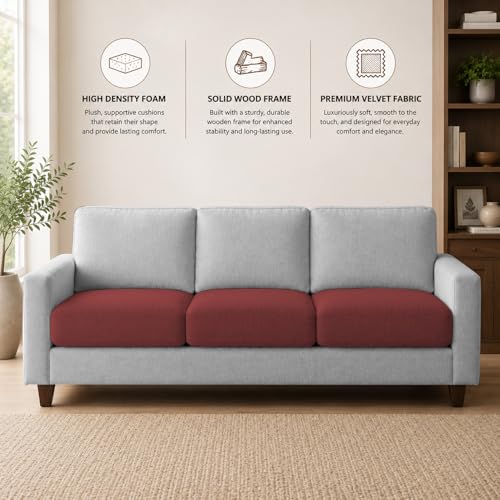 Image of Casaliving Gladino Modern Velvet Fabric Sofa, Tufted Design Upholstered 3 Seater Sofa Set for Living Room, Premium Velvet Fabric Sofa (Maroon Grey)