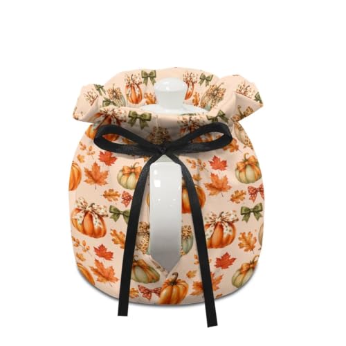 Image of Fall Bow Tea Cosy for Kitchen Pumpkin Insulated Tea Pot Dust Cover for Home Keep Warm Teapot Cover for Party Kitchen Tabletop Decor Gift for Fall