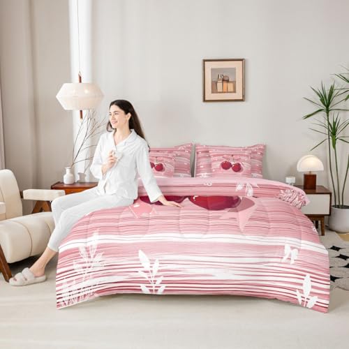Image of Erosebridal Cherry Bow 7 Pieces Bedding Set Full Size Pink Valentine Comforter Set for Girls Romantic Bowknot Bowtie Bed in A Bag with Flat and Fitted Sheet Geometric Stripes Cottagecore Quilt Set