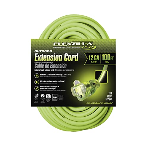 Image of Flexzilla Pro Extension Cord, 12 /3 AWG SJTW, 100 ft., Lighted Plug, Indoor /Outdoor, ZillaGreen - FZ512835