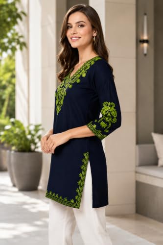 Image of Embroidered Chikankari Kurti with Kashmiri Aari Work, V-Neck, 3 /4 Sleeves, Rayon Fabric